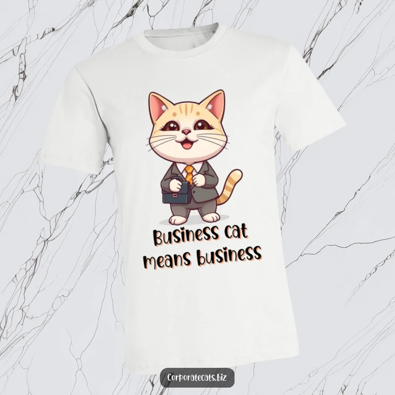 Funny t-shirt with a dapper cat in a miniature suit holding a briefcase, conveying ambition and humor. Perfect for office humor.