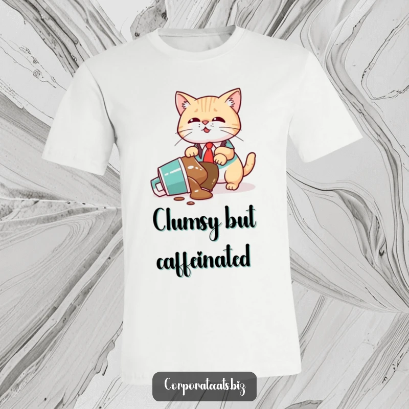 Funny T-Shirt: A frantic cat executive in a suit accidentally knocks over a coffee mug in a messy office.