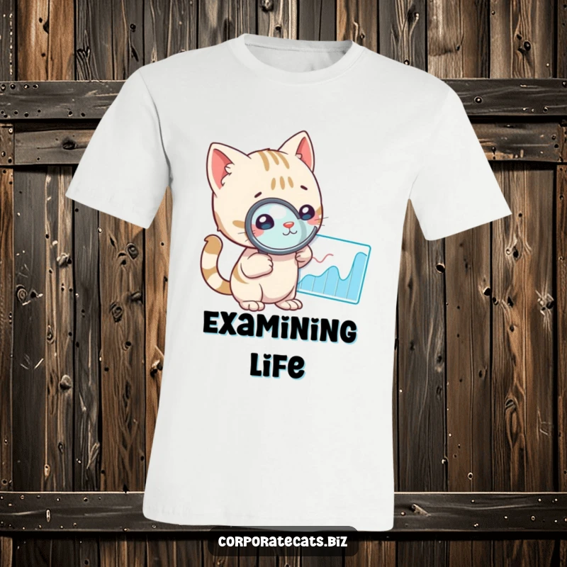 Funny cat wearing an intrigued expression, using a magnifying glass to examine a graph, highlighting a curious and analytical personality.