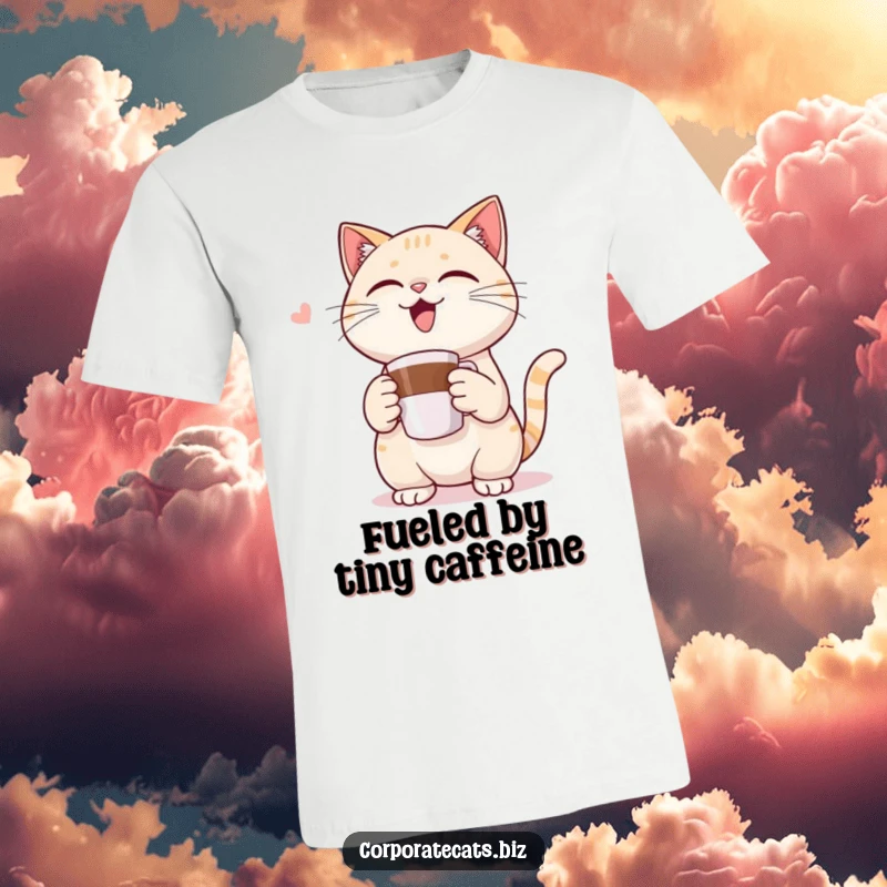 Funny t-shirt showcasing a triumphant cat character holding a miniature coffee cup, embodying morning victory and humor.