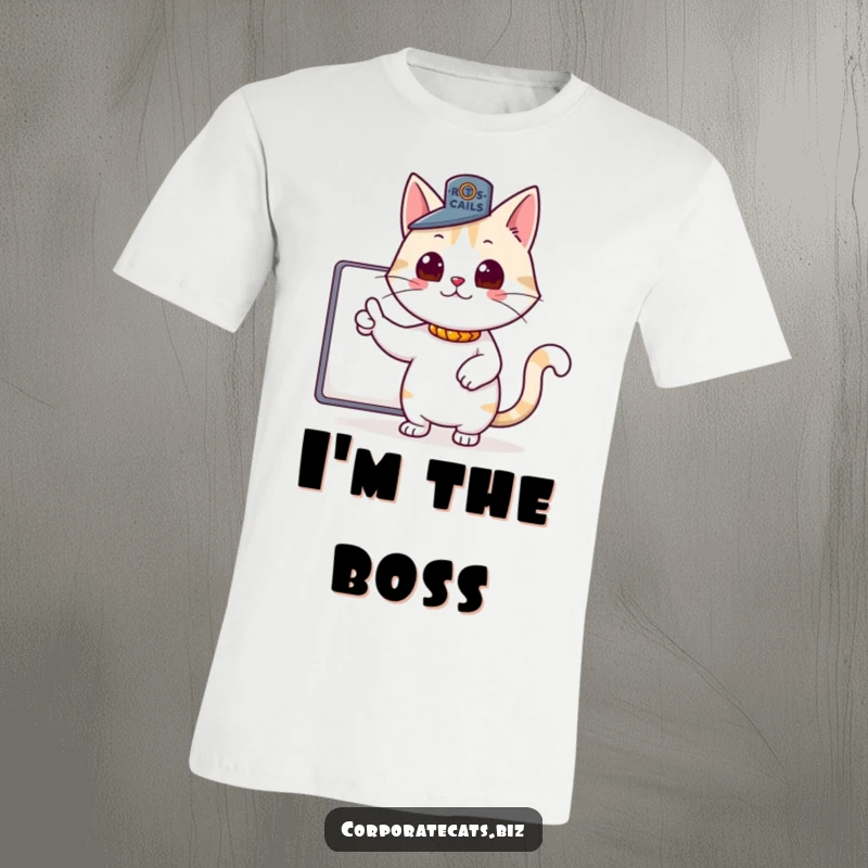 Funny t-shirt showcasing a proud cat in a miniature boss hat, pointing with authority, representing a powerful and humorous leader.