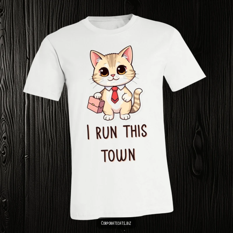 Funny Business Cat T-Shirt showing a cute cat character wearing a tie and holding a briefcase, exuding professionalism.