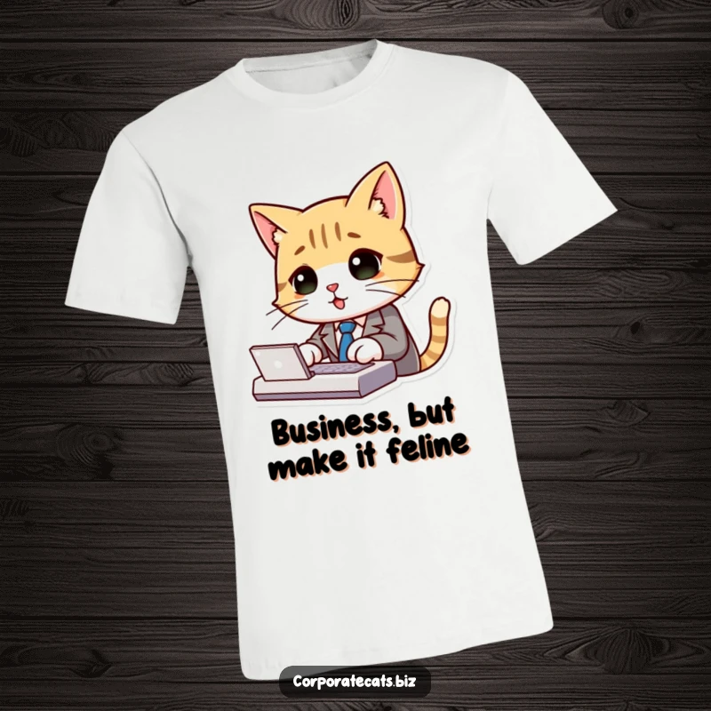 Cute cat in a suit and tie, typing with gusto on a keyboard, featured on a fun and funny t-shirt.