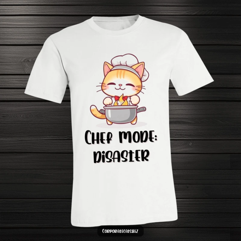 Funny T-Shirt: A comical cat chef drops a pot, with food flying everywhere, eyes wide with shock and dismay.