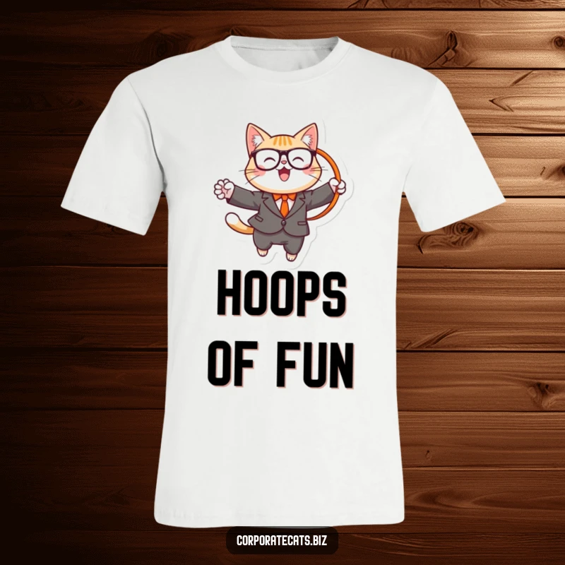 Funny t-shirt: a cheerful cat in a suit and glasses leaps through a hoop, symbolizing courage and a playful, daring attitude.