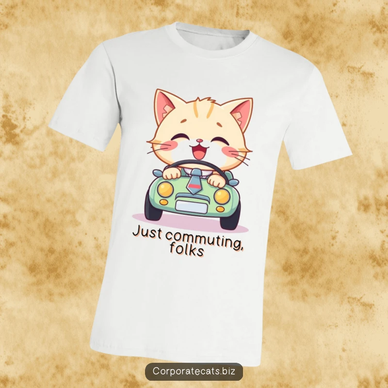 Funny cat wearing a necktie, driving a miniature car with a happy expression, this t-shirt is a humorous and stylish funny gift.