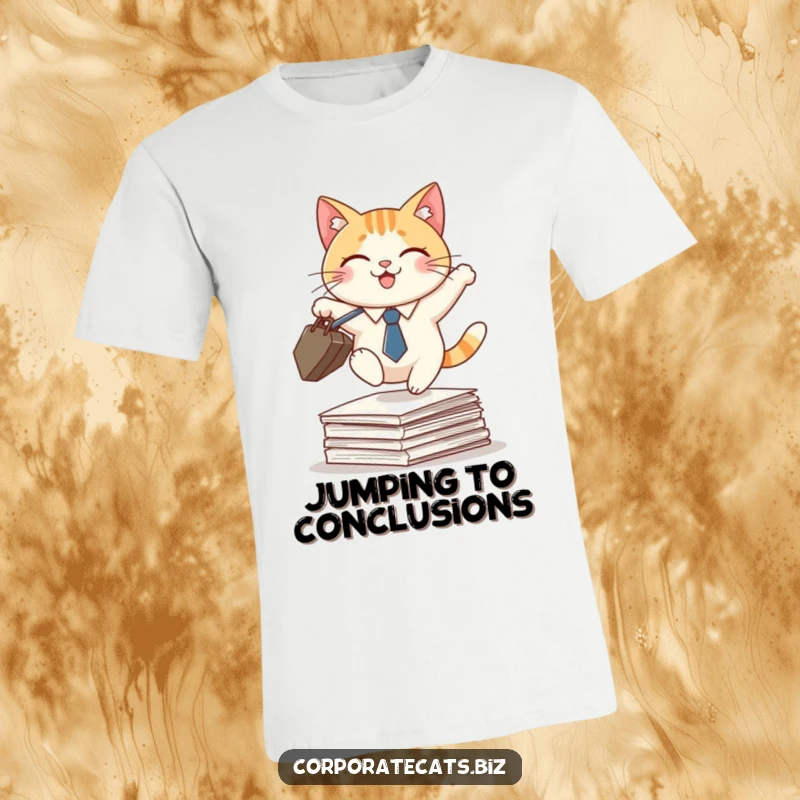 Funny t-shirt: a smiling cat in a tiny tie, carrying a briefcase, leaps over a stack of papers, symbolizing business agility.