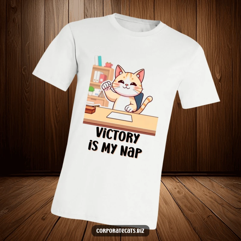 A cat triumphantly pumps its fist at a desk on this funny t-shirt, celebrating a successful moment.