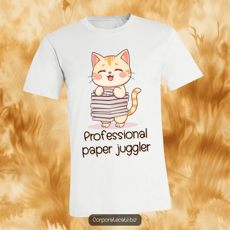Funny t-shirt with a playful cat attempting to balance a huge stack of papers, looking overwhelmed.