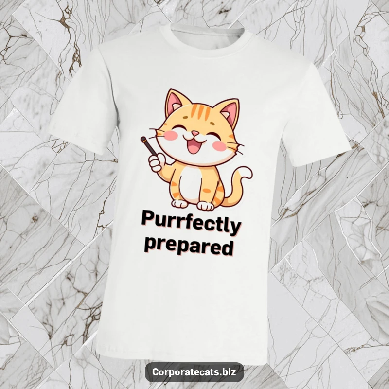 Funny joyful cat character giving a presentation with a pointer, on a t-shirt, conveying confidence and smart humor, a great humorous gift.