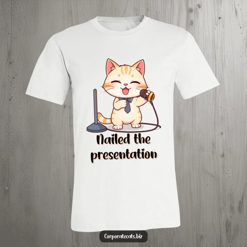 Funny T-Shirt: A cat presenter spectacularly trips over a microphone cord, scattering notes and looking mortified.