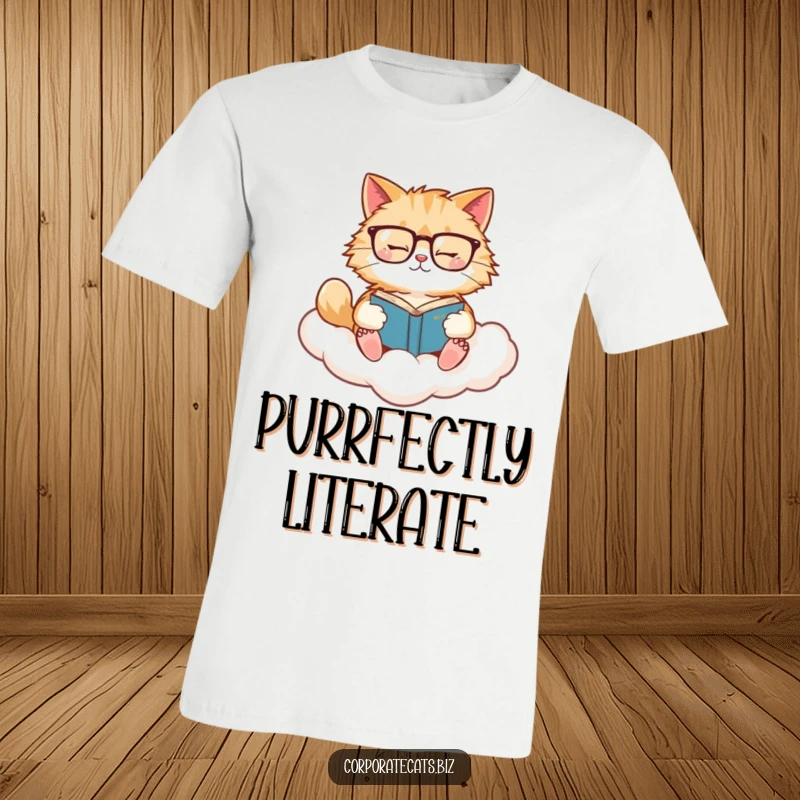 Funny Cat Reader T-Shirt: A fluffy cat wearing glasses reads a book while suspended on a cloud, showcasing cozy, intellectual humor.