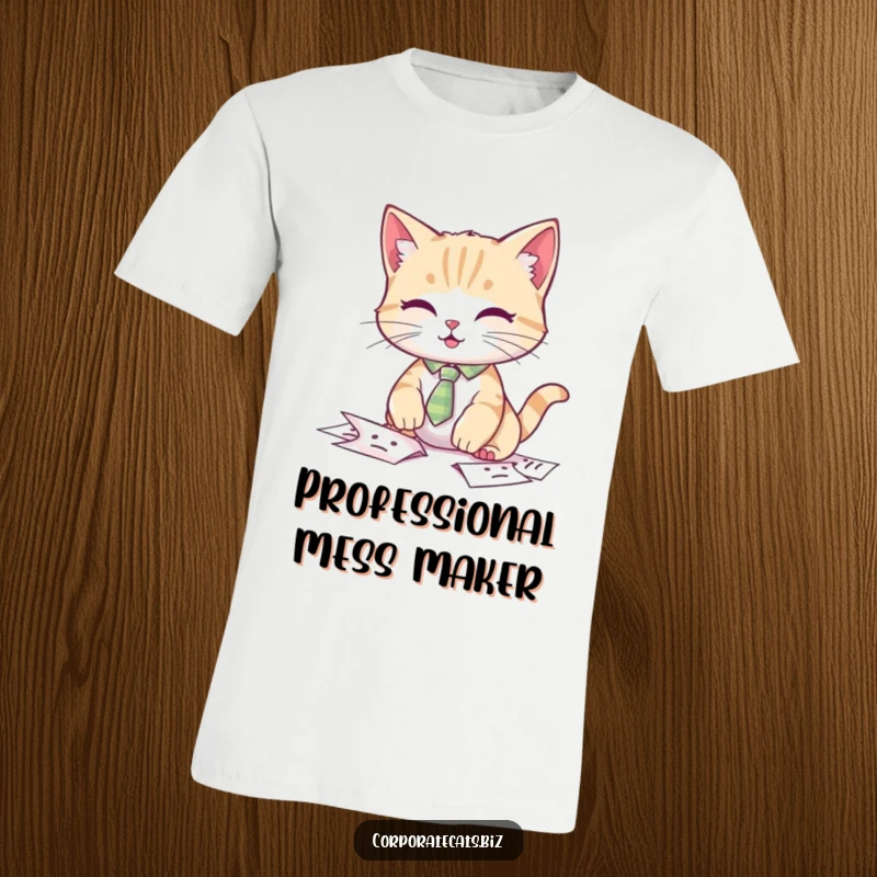 Funny cat t-shirt, a cat in a tiny tie looking overwhelmed while dropping papers.