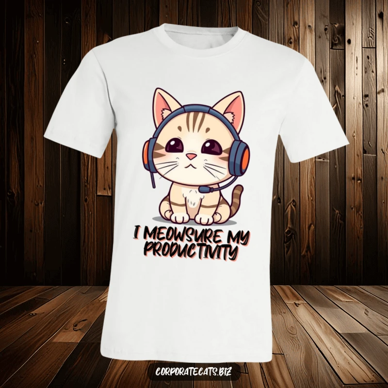 Funny cat wearing a headset, engrossed in a video conference, on a comfortable graphic tee, ideal for funny gift seekers.