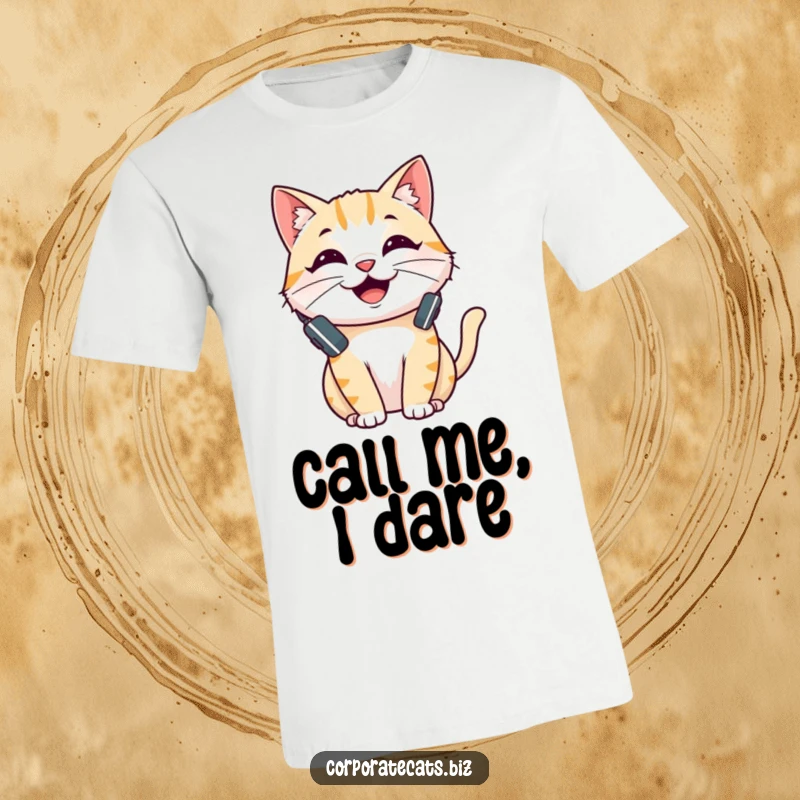 Funny t-shirt with a happy cat wearing a tiny headset and speaking, symbolizing communication and fun for tech-savvy individuals.