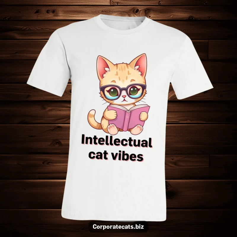 Funny t-shirt with a curious cat wearing glasses, intently reading a small book, ideal for book lovers and cat fans.