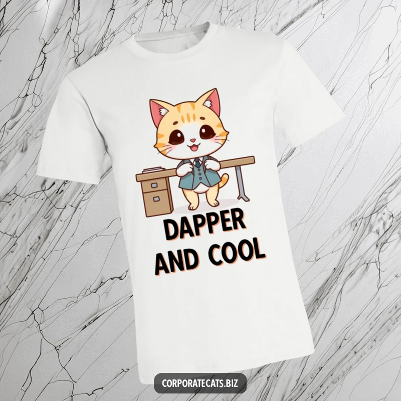 Funny t-shirt of a smiling cat wearing a small suit and crossing legs elegantly, representing polished charm and humor.