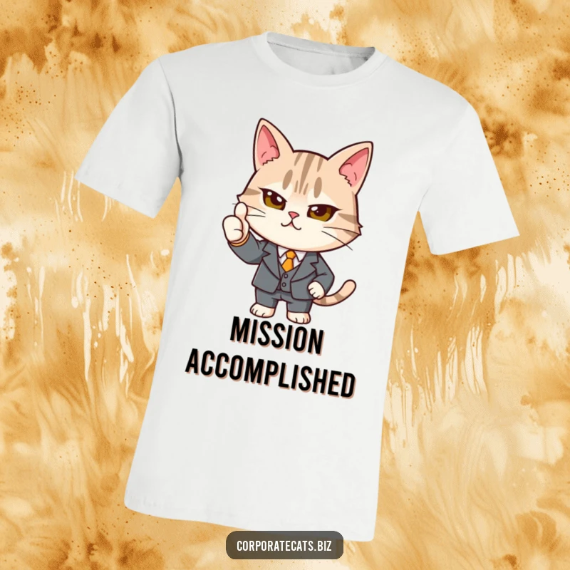Funny determined cat t-shirt in a tiny suit giving a strong thumbs-up, showcasing professional feline approval and humorous confidence.