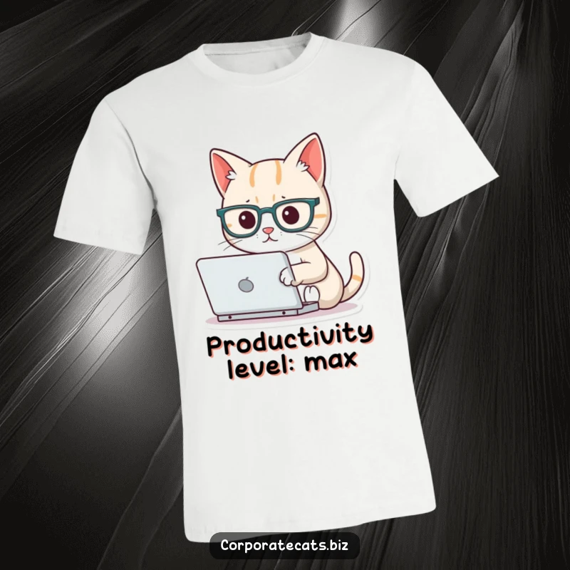 Funny focused cat t-shirt wearing tiny glasses, typing on a miniature laptop, showcasing intelligence and humorous dedication to work.