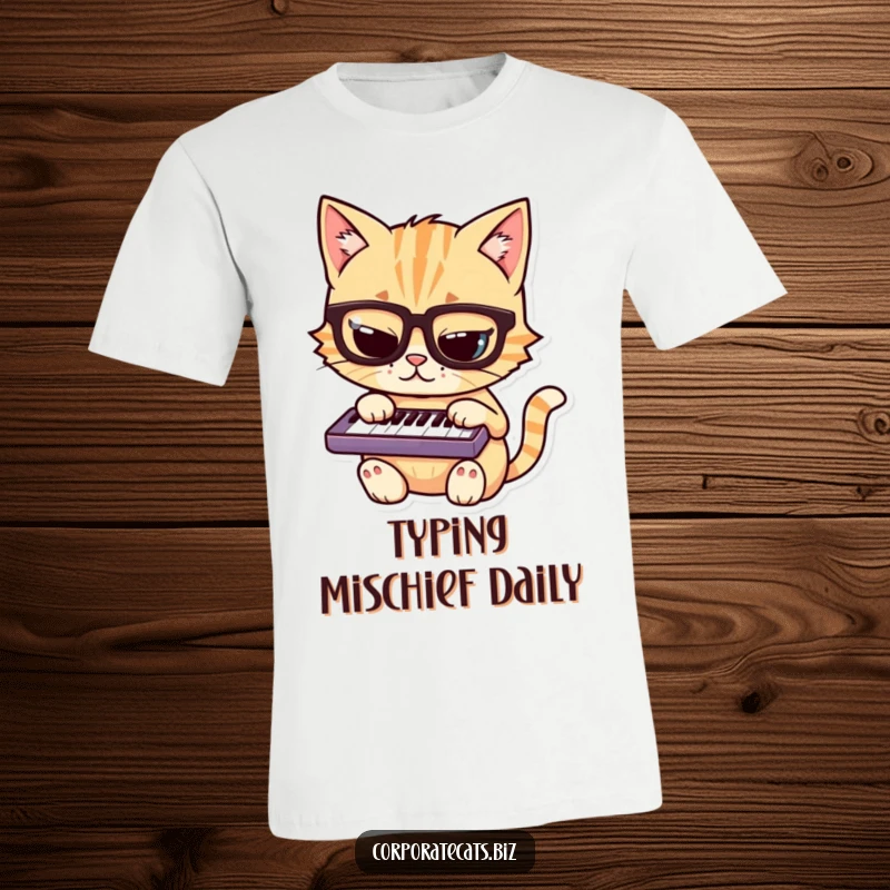 Funny cat t-shirt featuring a mischievous cat wearing spectacles and typing on a small keyboard, capturing a moment of intense focus.