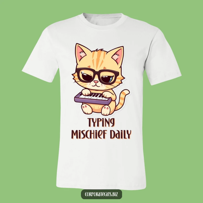 Funny Mischievous Cat T-Shirt: Nerdy Feline in Glasses Playing Keyboard, Ideal Funny Gift Tee!