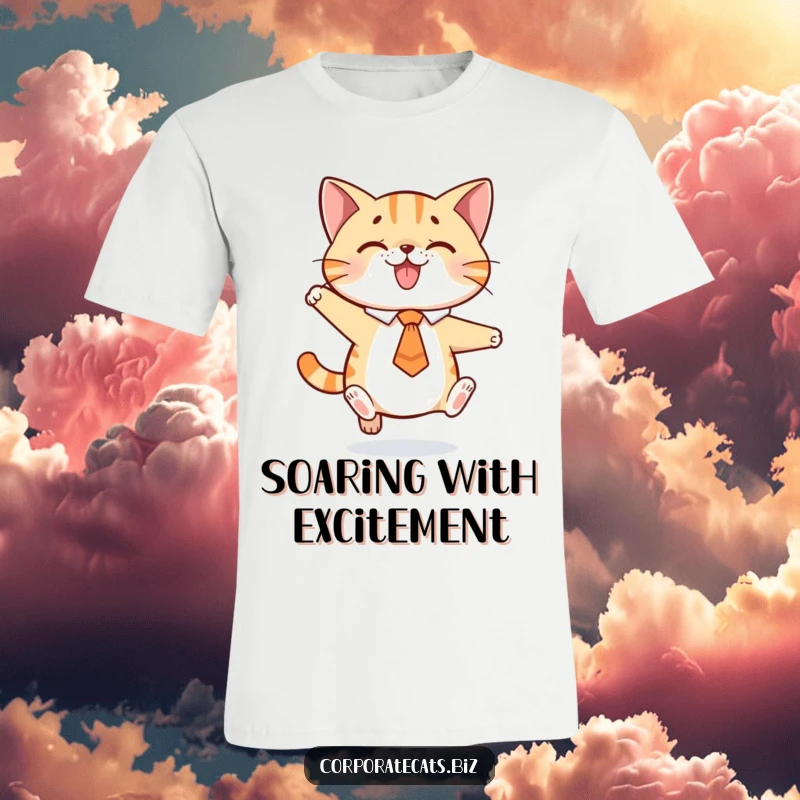 Funny t-shirt showcasing a playful cat in a tie leaping enthusiastically, celebrating fun and feline agility.