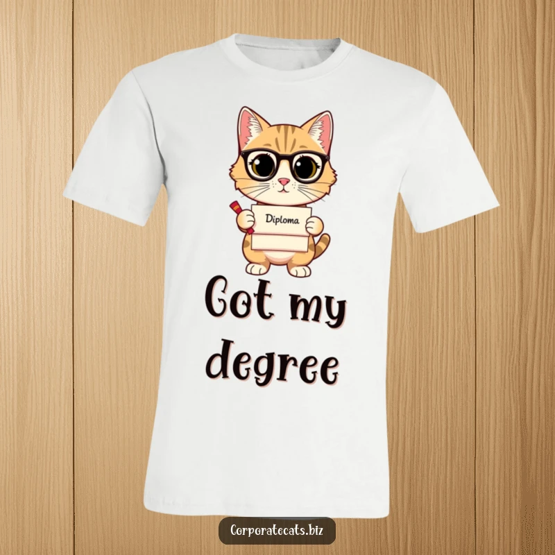Funny t-shirt with a sophisticated cat holding a tiny diploma, celebrating intelligence and higher learning with a humorous touch.