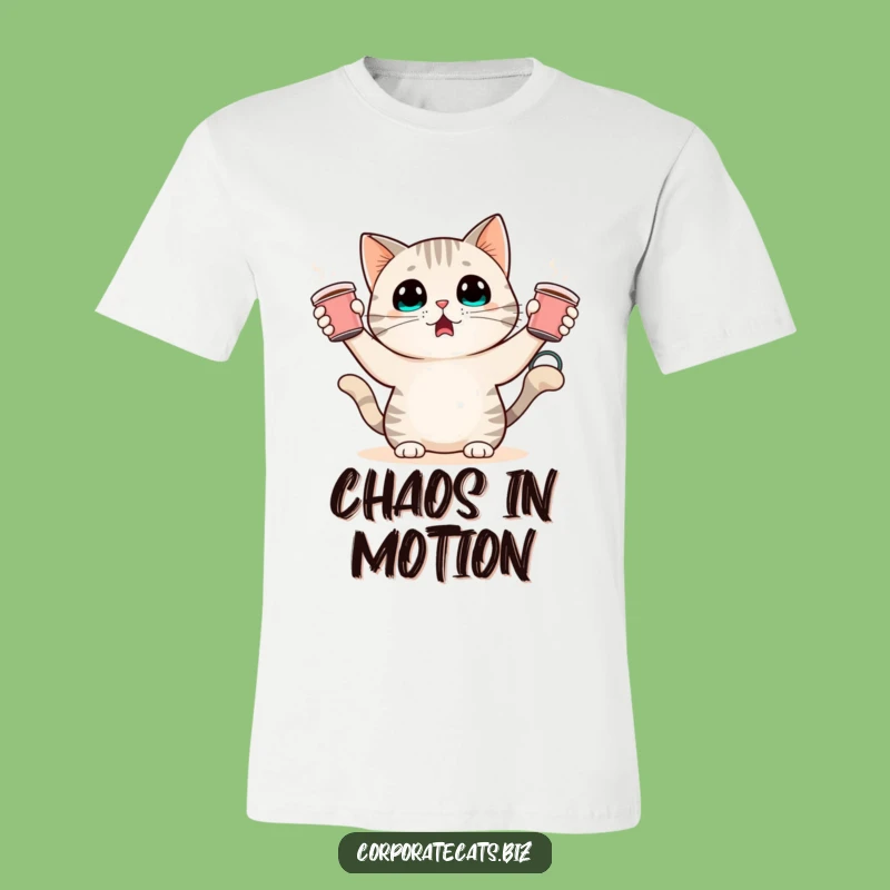 Funny Surprised Cat T-Shirt: Juggling Coffee Cups with Alarm, Hilarious Tee Gift