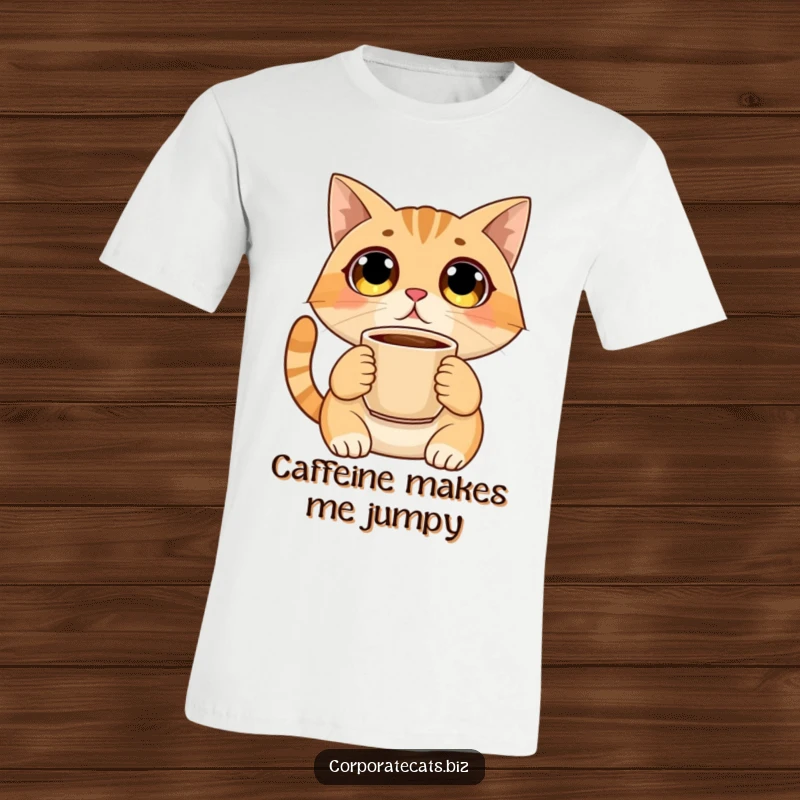 Funny t-shirt with a surprised cat showing massive eyes while holding a coffee cup, symbolizing shock and caffeine dependence humorously.
