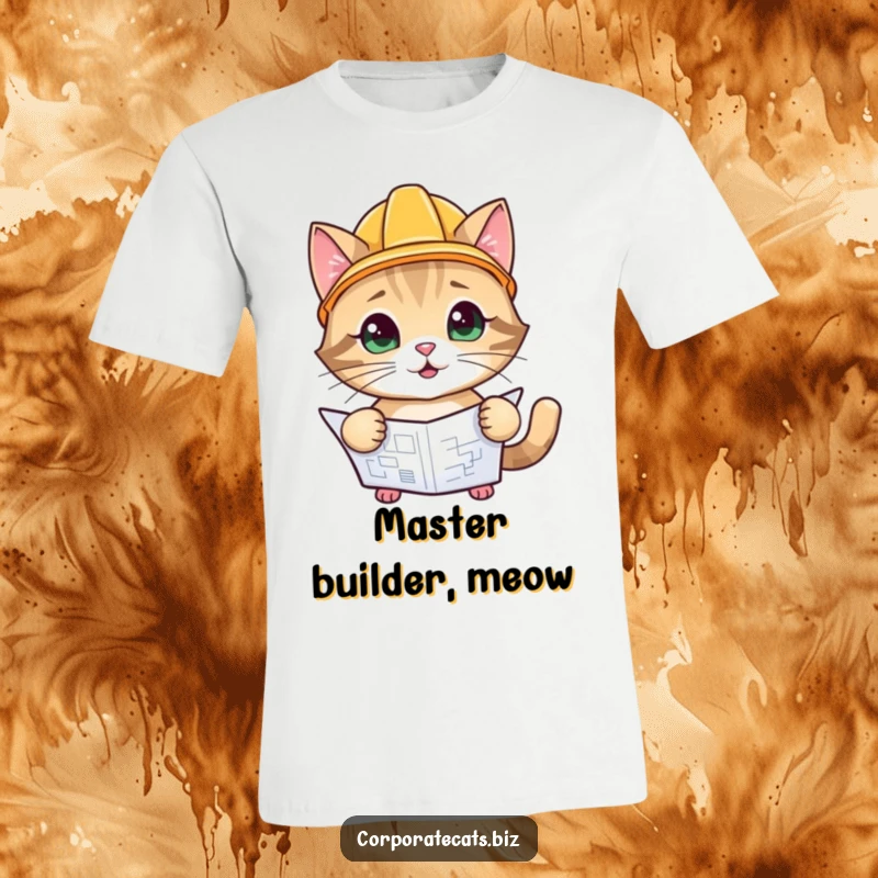 Funny Construction Cat T-Shirt: a playful cat character wearing a tiny hard hat, examining a blueprint with a magnifying glass.