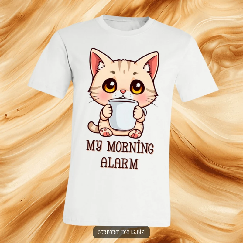 Funny t-shirt depicting a surprised cat with wide eyes holding a coffee cup, perfect for morning coffee humor.