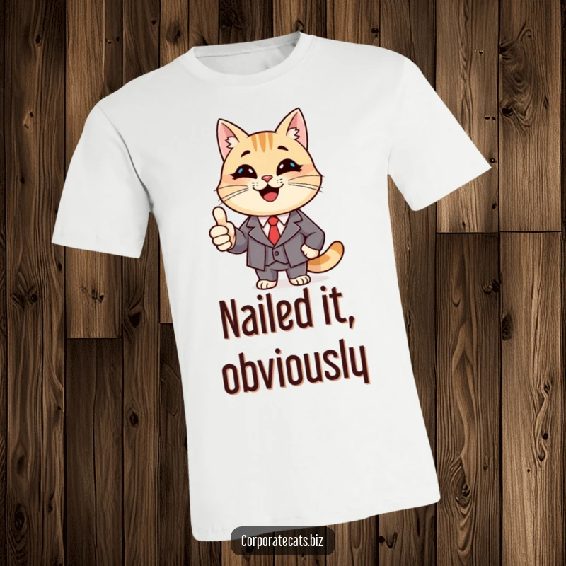 Funny Boss Cat T-Shirt: a smiling cat character wearing a suit and giving a confident thumbs up, ready to lead.