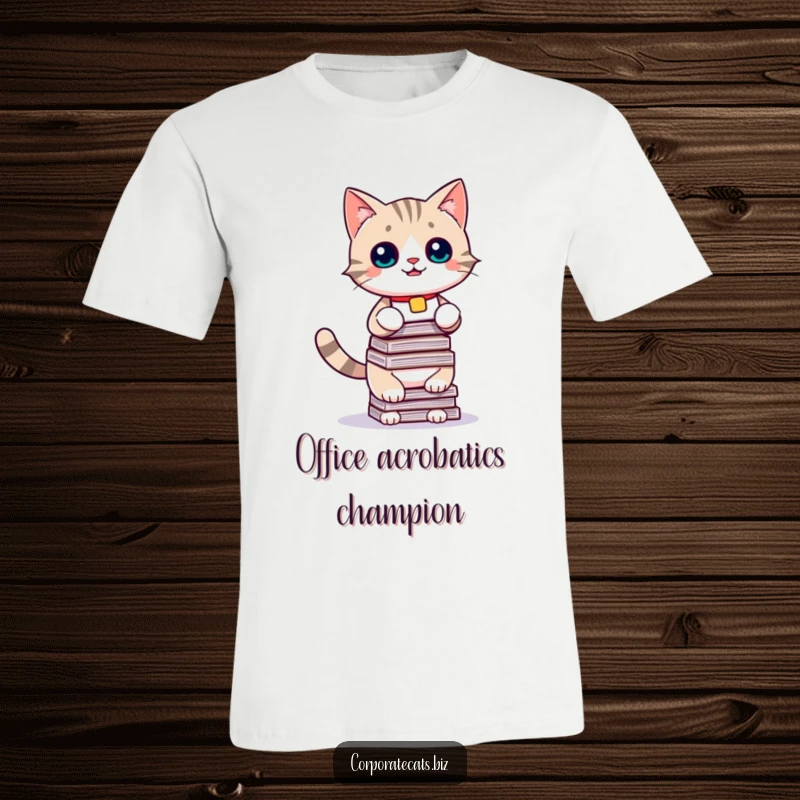 Funny cat t-shirt graphic, a cute cat with a name tag precariously balancing a stack of documents, perfect for office humor lovers.