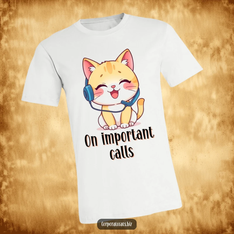 Funny t-shirt of a delighted cat wearing a headset, engrossed in a pretend phone call, representing excellent customer service humor.