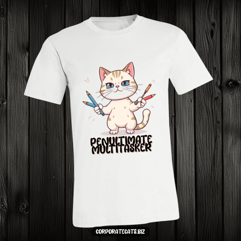 Funny T-shirt featuring a determined cat artistically juggling a pile of pens, ideal for office humor enthusiasts.