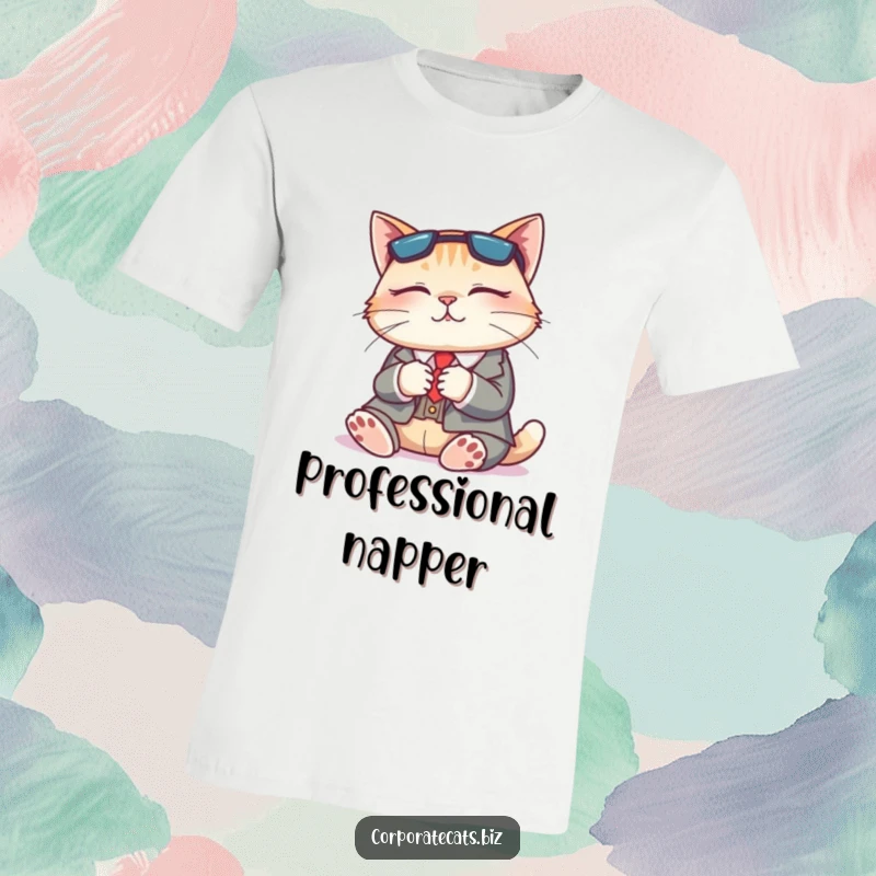 Funny t-shirt with a napping cat dressed in a small business suit, representing ultimate relaxation and office humor.