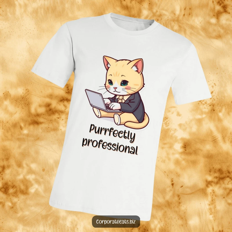 A cat in a sharp suit rapidly types on a laptop, depicted on a funny t-shirt for entrepreneurs.