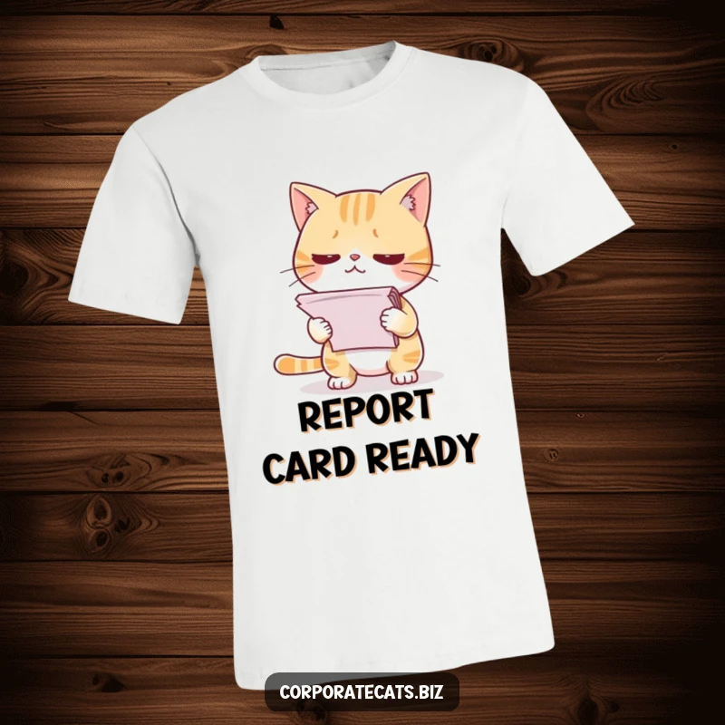 Funny T-shirt featuring a timid cat presenting a precarious stack of papers, ideal for office humor lovers.