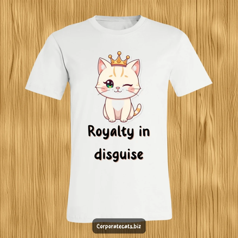 Funny winking cat t-shirt, wearing a small crown and looking regal, conveying playful arrogance and feline charm.