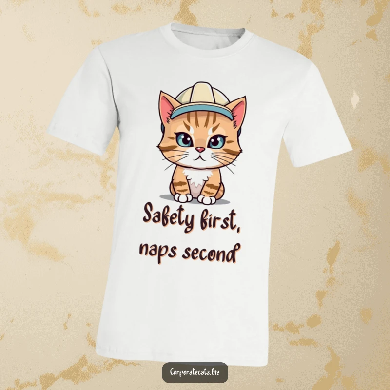 Funny t-shirt with a focused cat wearing a hard hat, symbolizing hard work and construction site fun.