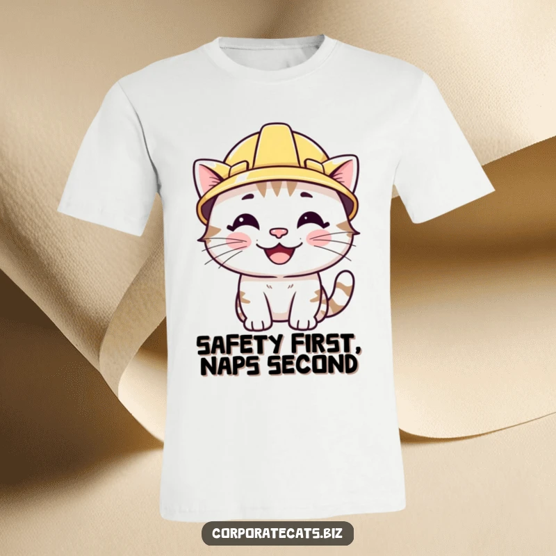 Funny t-shirt featuring a smiling cat wearing a tiny hard hat. Whimsical and construction-themed humor.
