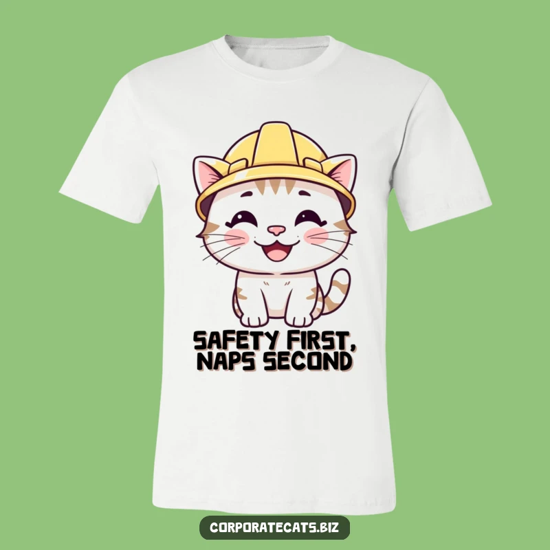 Funny Smiling Cat T-Shirt: Wearing Hard Hat, Hilarious Construction Theme Tee