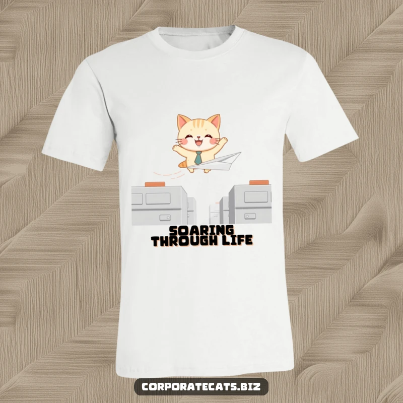 Funny t-shirt showcasing a joyful cat in a small tie, flying high on a paper airplane, representing adventure and lightheartedness.