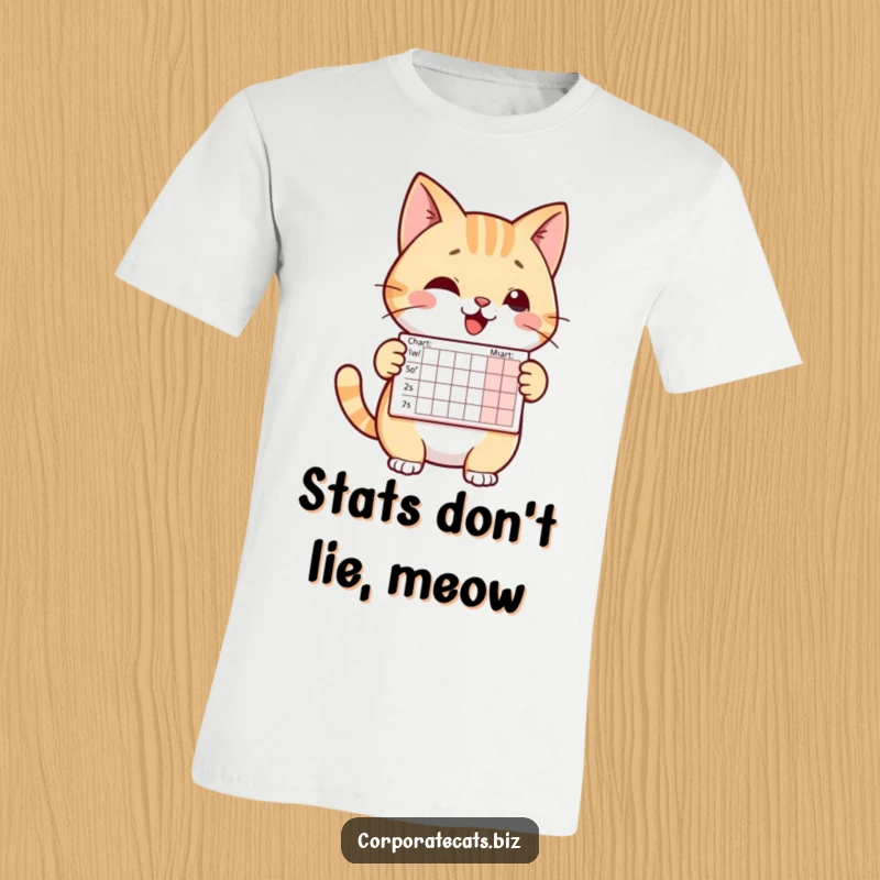 Funny t-shirt featuring a smiling cat holding and presenting a tiny chart. Business-themed humor.