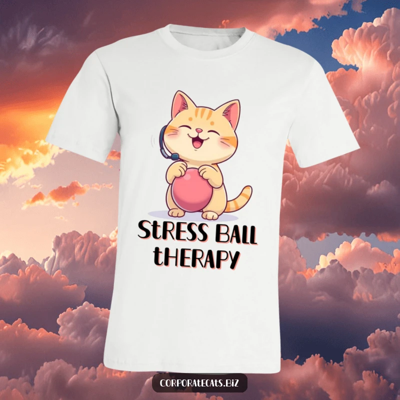 Funny cat t-shirt, a happy cat with a headset comically bouncing a stress ball, perfect for anyone managing stress with a smile.