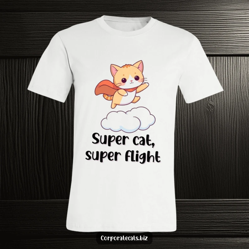 Funny cat wearing a cape, leaping between clouds, a dynamic and heroic design. A great funny gift.