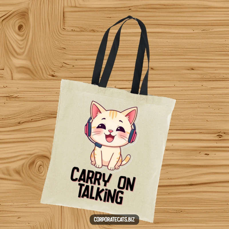 Funny tote bag printed with a cheerful cat wearing a tiny headset and talking, a humorous and practical accessory.