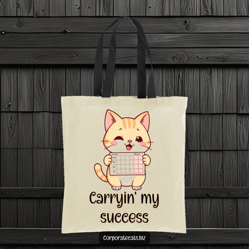 Funny tote bag featuring a cheerful cat presenting a miniature chart. A humorous and practical accessory for work.