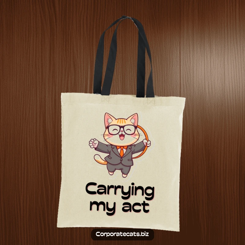 Funny tote bag with a cheerful cat in a suit and glasses leaping through a hoop, symbolizing daring feats and fun.