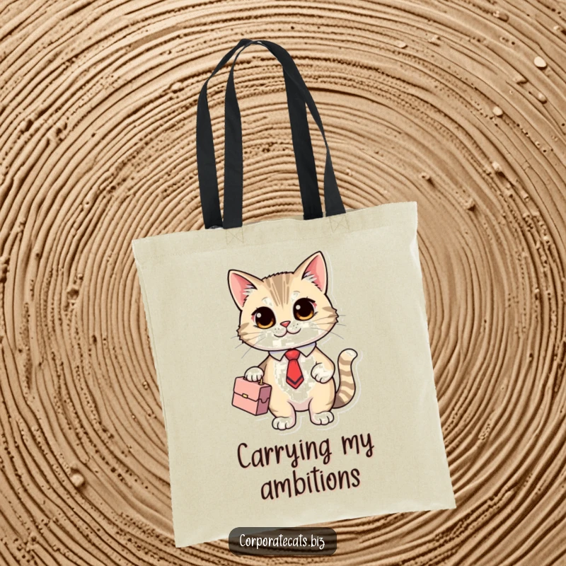 Funny Executive Cat Tote Bag: a cute cat character in a tiny tie, carrying a briefcase, perfect for errands and shopping.